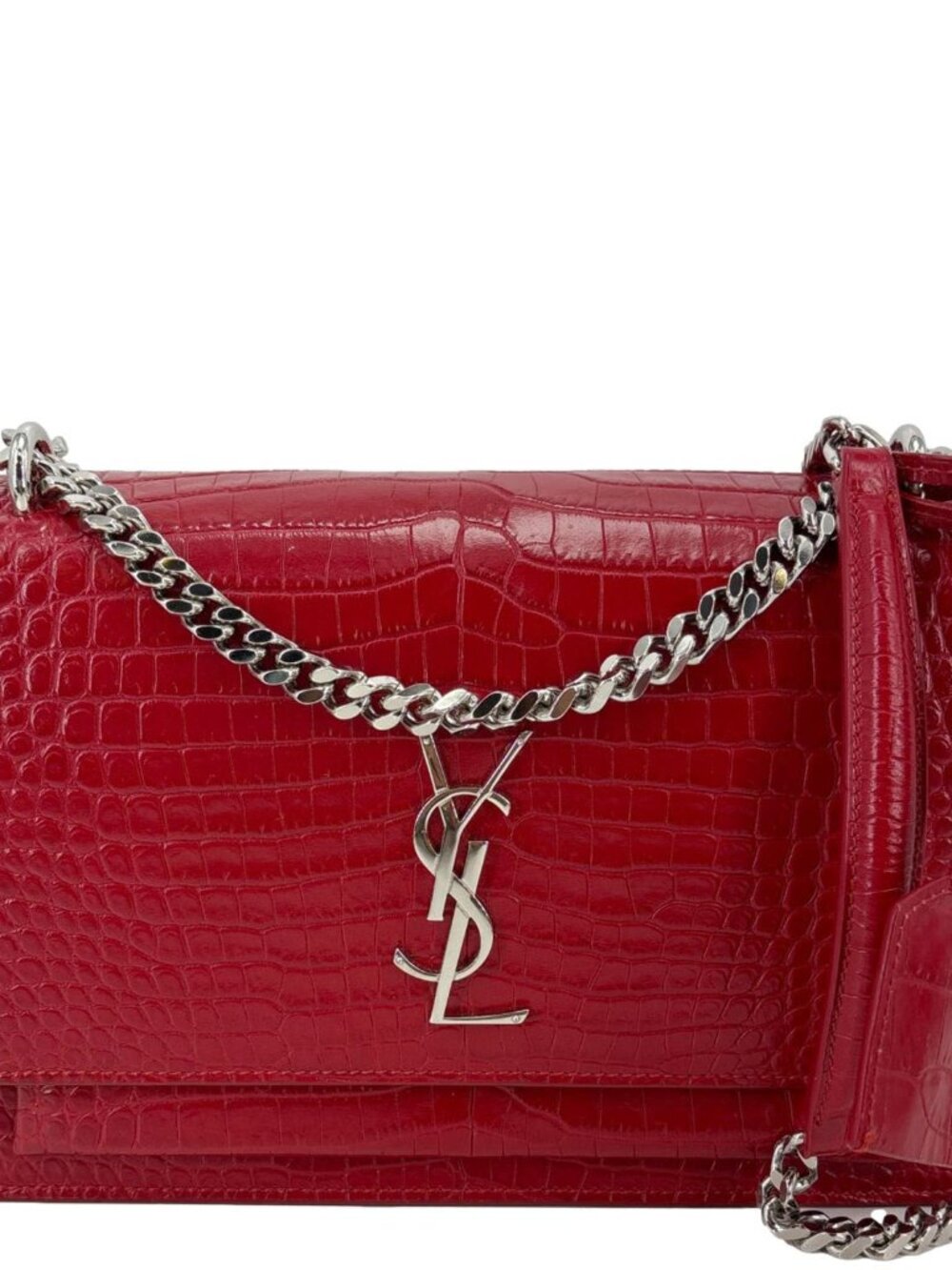 Yves Saint Laurent Sunset Monogram Crocodile Embossed Leather Crossbody Bag Red